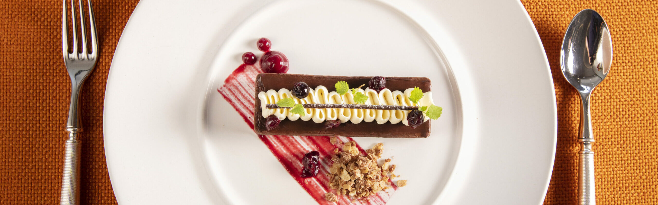 Black forest gateau, cherry compote, Madagascan vanilla Chantilly, chocolate sable