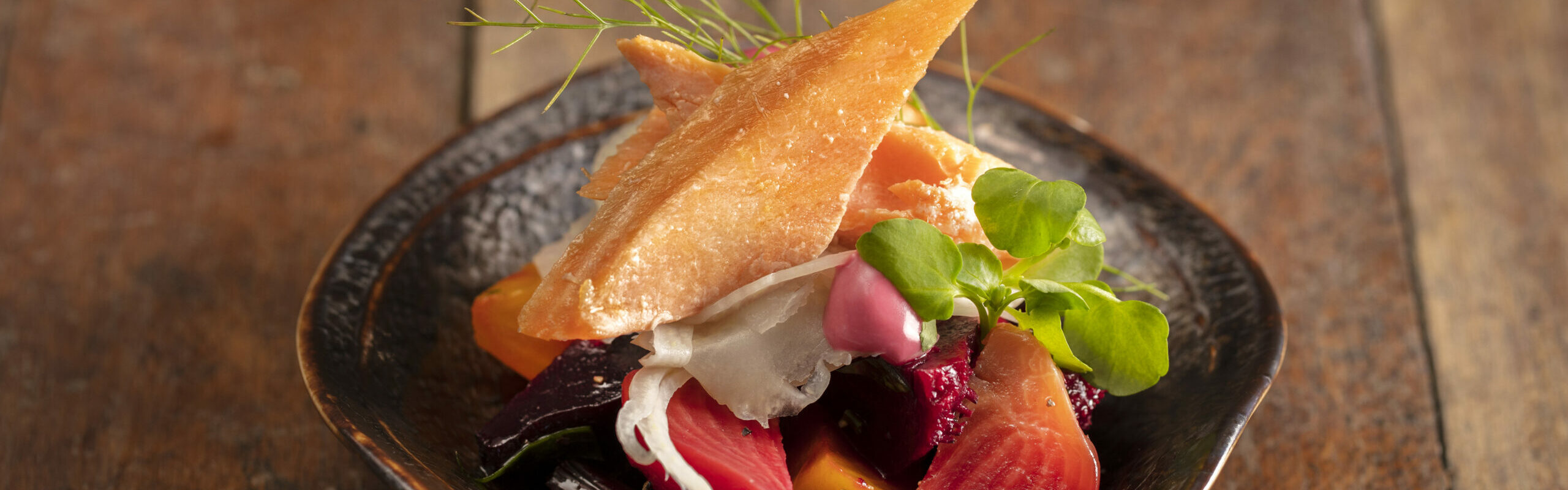 Hot smoked Chalk Stream trout, heritage beetroot, shaved fennel, beetroot emulsion, baby watercress (c)